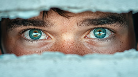 A cinematic moment of surprise with wide open blue eyes peering through gapの素材
