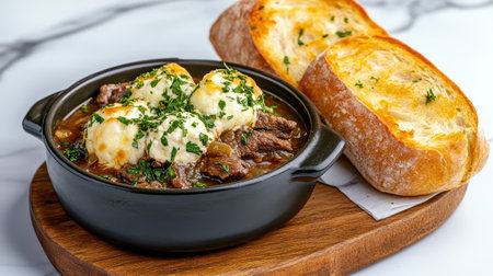 A warm bowl of beef stew with fluffy dumplings and fresh breadの素材