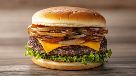 A towering double patty burger with melted cheddar cheese and fresh toppingsの素材
