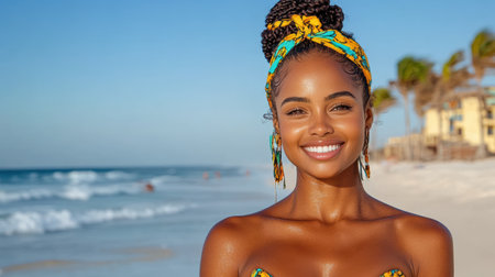 A woman with braided hair smiles brightly on sunny beach, wearing colorful bikini and headbandの素材