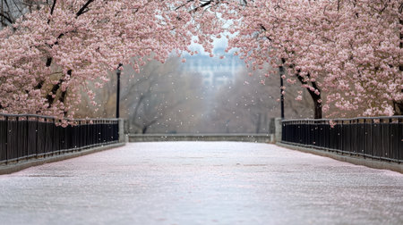 A serene cherry blossom forest in full bloom with pink petals falling gentlyの素材