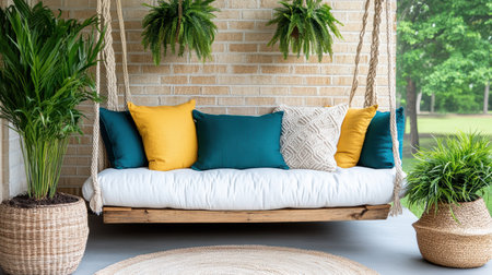 A cozy bohemian style reading nook with swing seat and plantsの素材