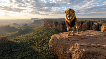 A majestic lion standing proudly on rocky ledge, overlooking vast landscapeの素材