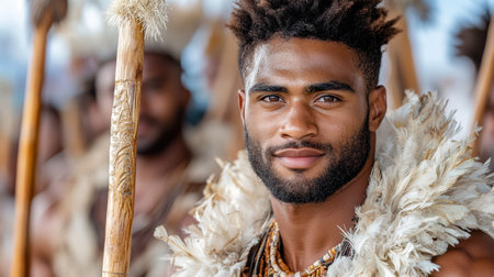 A traditional Fijian warrior in ceremonial dress holds spear proudlyの素材