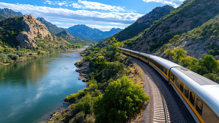 A luxury train travels along scenic riverbank surrounded by mountainsの素材