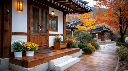 A beautiful hanok village in Seoul with traditional wooden architecture and autumn foliageの素材