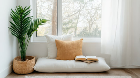 A Cozy reading nook with soft lighting, book, and plant nearbyの素材