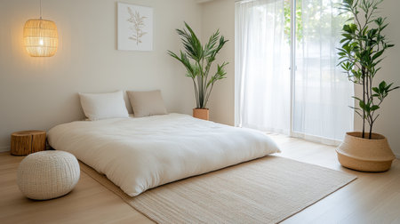 A Cozy minimalist apartment with soft lighting and neutral tonesの素材