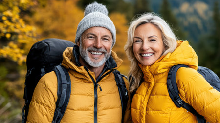 A Senior couple smiling while hiking in autumn forest with backpacksの素材