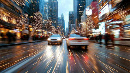 A vibrant city scene showcasing motion blur with festive lights and busy streetsの素材
