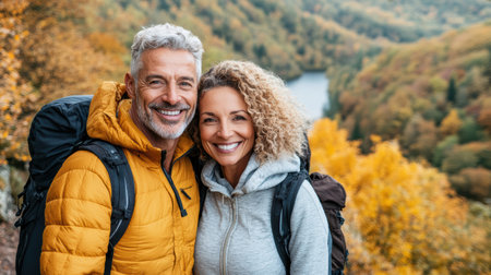 A Happy senior couple hiking together on scenic trail surrounded by autumn foliageの素材