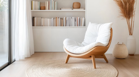 A minimalist reading space featuring ergonomic chair and cozy decorの素材