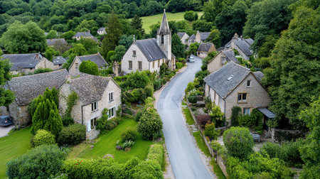 An Aerial view of picturesque village with church and lush greeneryの素材
