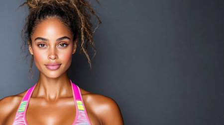 An Energetic female model in colorful sports bra with glowing skinの素材