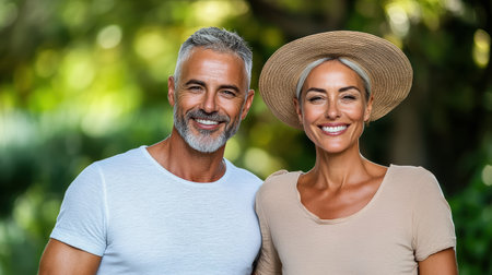 A couple smiling together in park, enjoying sunny day outdoorsの素材