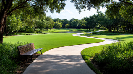 A serene park scene featuring winding path and lush green grassの素材