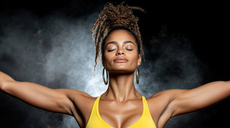 A Confident woman with toned arms and closed eyes, embracing strengthの素材
