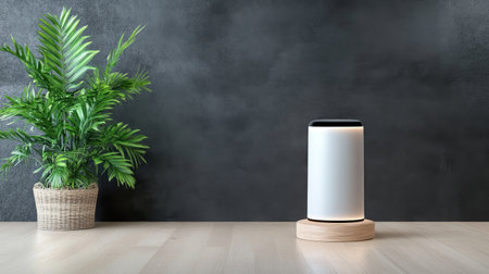 A modern digital assistant lamp on wooden base beside potted plantの素材