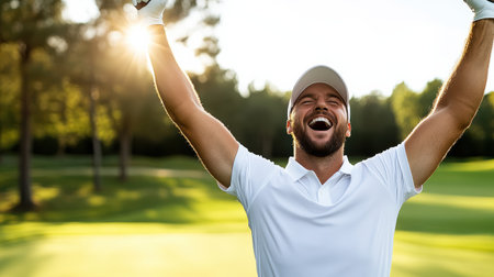 A Golfer celebrating joyfully after sinking hole in one on courseの素材