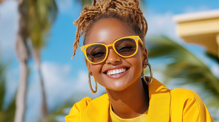 A Bright and cheerful woman with sunglasses enjoying sunny day outdoorsの素材