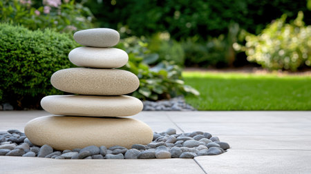 A Serene stone sculptures in tranquil garden setting create harmonyの素材