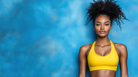 An Athletic woman in yellow sport bra against blue backgroundの素材