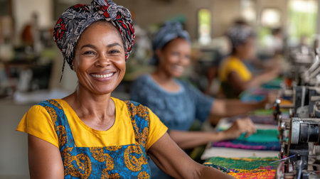 A group of women cooperative workshop sewing vibrant fabrics, showcasing teamwork and creativityの素材