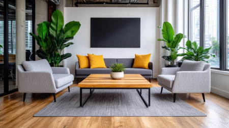 A Modern living room with gray furniture, wooden table, and green plantsの素材