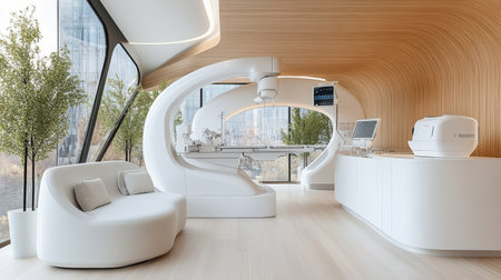 A modern hospital interior featuring advanced medical technology and sleek designの素材
