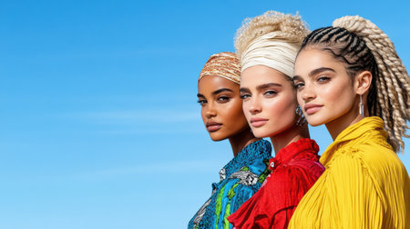 A Vibrant models showcasing diverse hairstyles and colorful outfits against blue skyの素材