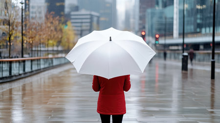 A person holding white umbrella in rainy urban setting, showcasing resilienceの素材