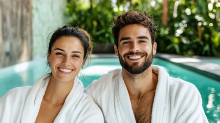 A Relaxing couple in spa robes enjoying serene day by poolの素材