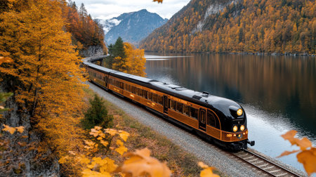A vintage style luxury train travels through autumn landscapeの素材