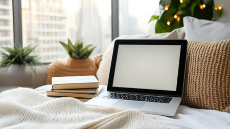 A Cozy workspace with laptop, books, and plants in bright roomの素材