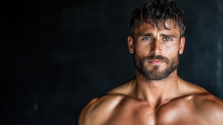 An Intense gaze of chiseled man with muscular physique and beardの素材