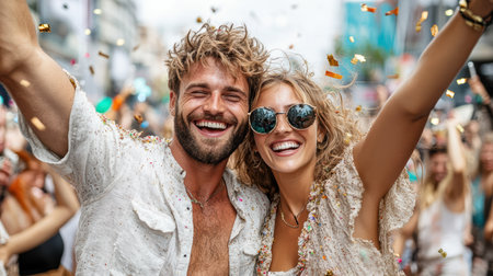 A Joyful celebration with two smiling friends at festive event, surrounded by confettiの素材
