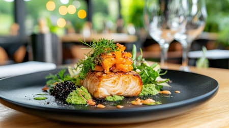 A Delicious salmon dish beautifully plated with fresh herbs and greensの素材