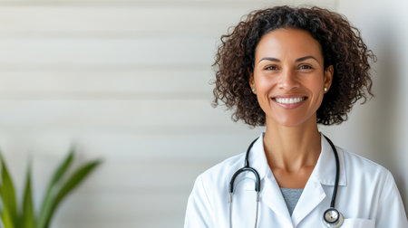 A smiling nurse wearing white coat and stethoscope in clinicの素材