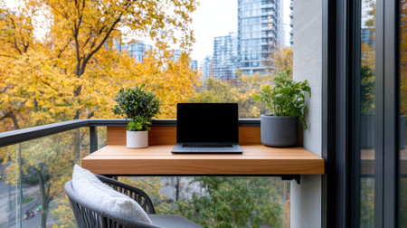 A cozy outdoor workspace on balcony with small desk and plantsの素材