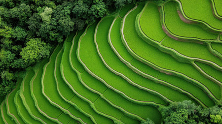 An Aerial view of peaceful rice terrace landscape with lush greeneryの素材