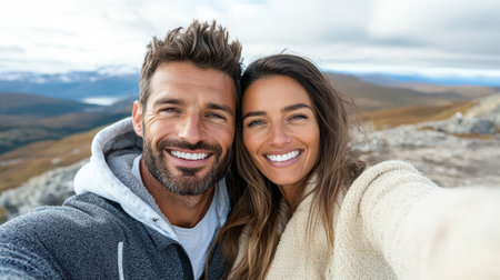 A couple enjoying scenic viewpoint, smiling happily togetherの素材
