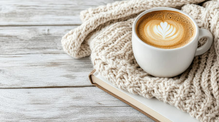 A cozy scene featuring cup of coffee on knitted blanket with bookの素材