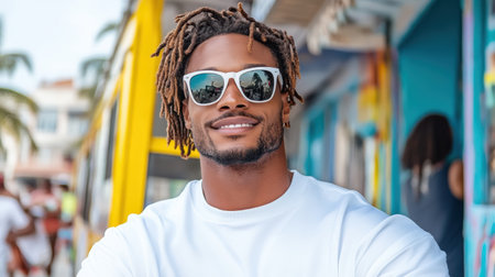 A stylish man with sunglasses smiling in vibrant outdoor settingの素材