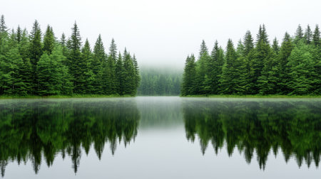 A serene foggy lakeside scene with reflections of lush green treesの素材