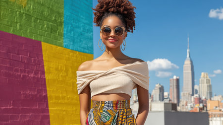 A Stylish woman in off shoulder top and colorful skirt against city backdropの素材