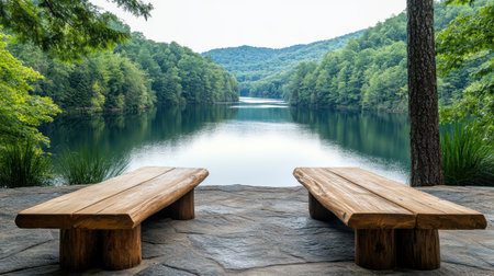 A Rustic patio with wooden benches overlooking tranquil lake and mountainsの素材