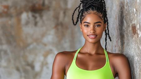 A Confident woman in neon sports bra, showcasing strength and styleの素材