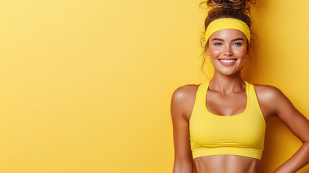 A cheerful woman in yellow sports outfit poses against bright yellow backgroundの素材