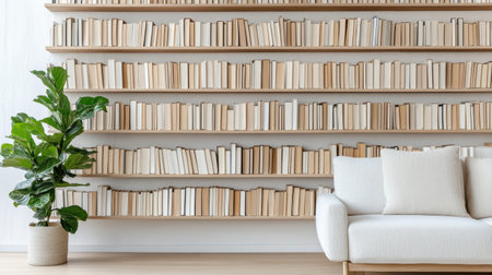 A beautifully organized bookshelf with color coordinated books and plantの素材