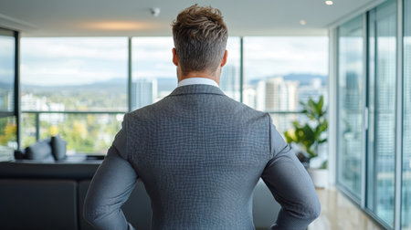 A corporate lawyer in suit, contemplating legal matters in modern officeの素材